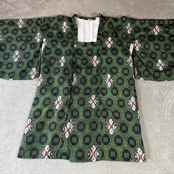 Vintage Japanese Haori Jacket Green Silk Ikat Boho Statement Coat - Picture 4 of 9